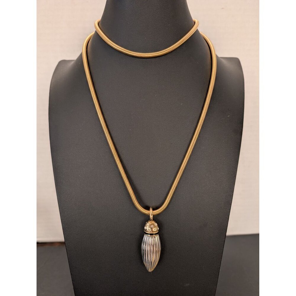 Rare Monet Snake Chain Necklace W/ Silver-Toned Ribbed Pendant & Rhinestones 34"